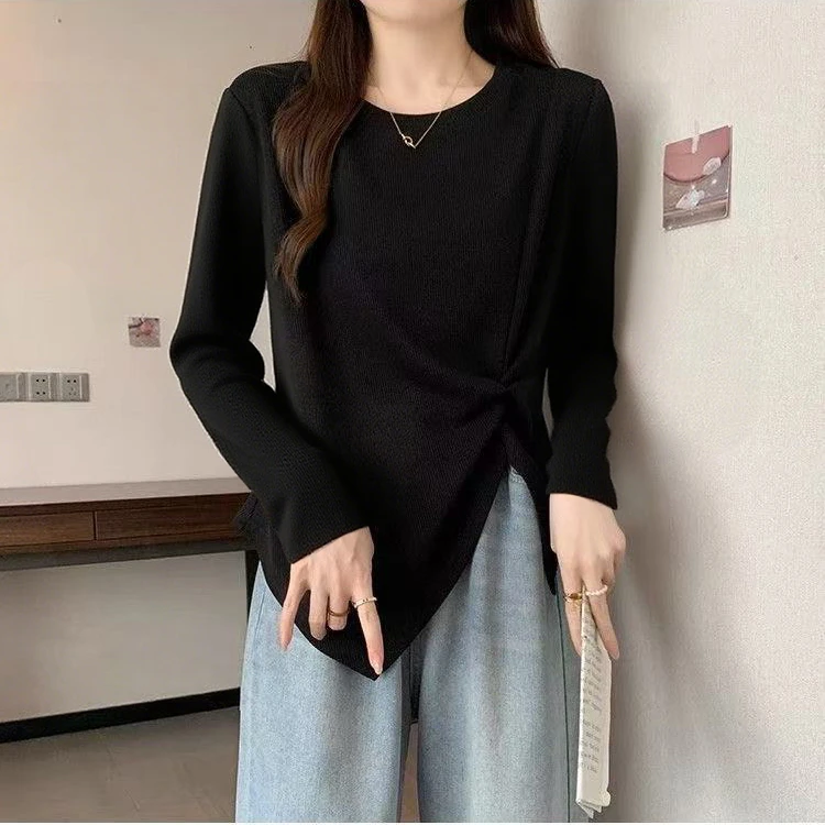 大码黑色正肩t恤长袖女2025新款秋季胖mm不规则遮肚显瘦微胖上衣