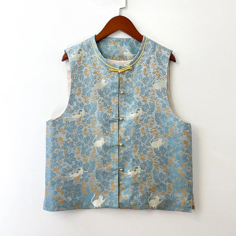 2025新款蓝色猫的日记马甲新中式国风复古气质圆领对襟女士马夹