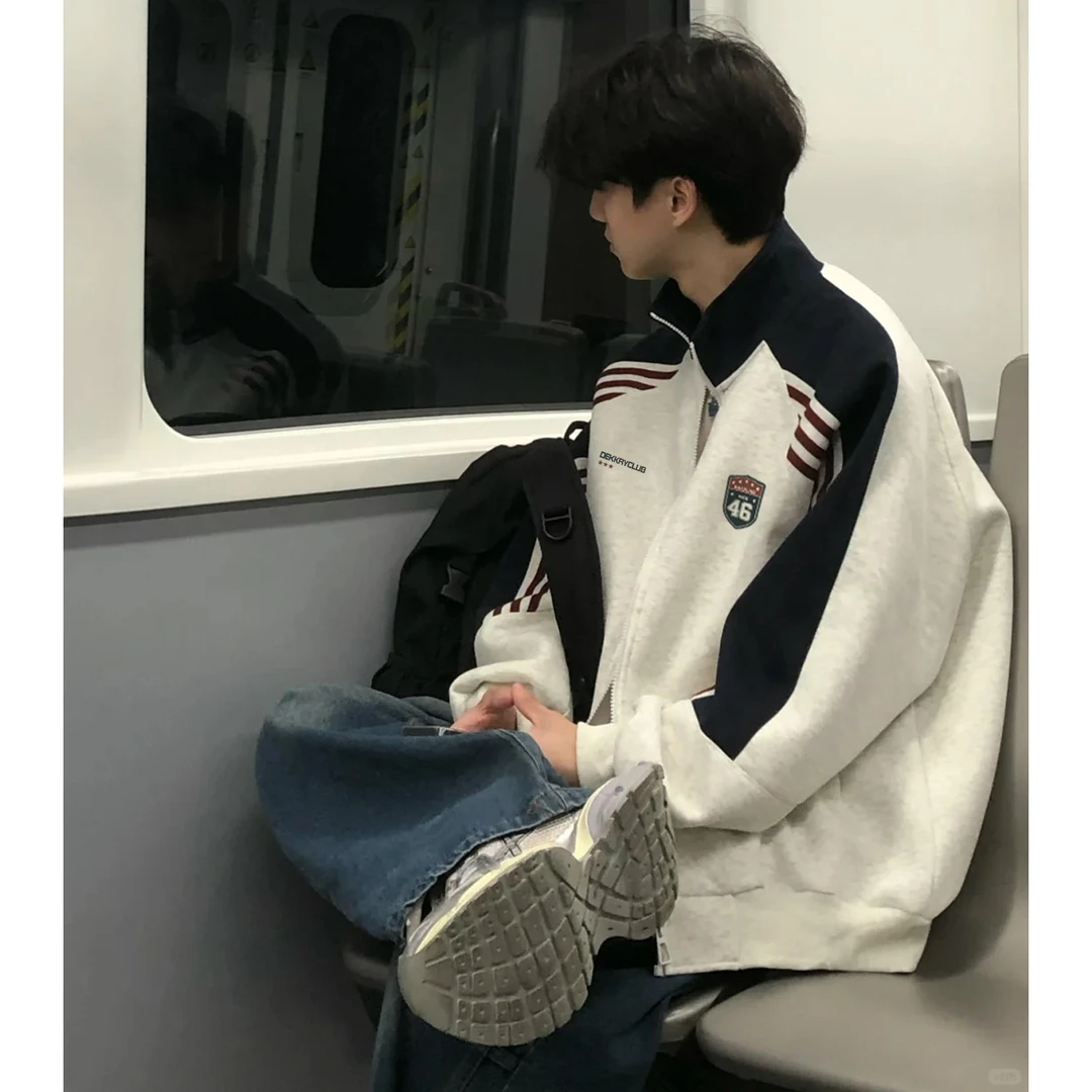 美式盾标字母印花立领拼接三条杠开衫外套男女秋冬季宽松休闲卫衣