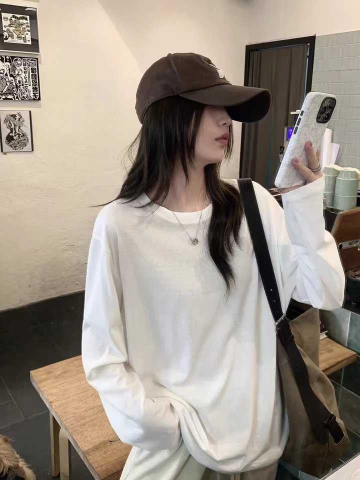 时尚套装女夏季白色简约宽松纯色圆领打底长袖T恤百搭阔腿休闲裤