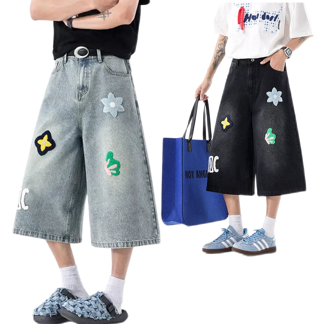 美式ins高街宽松毛巾绣牛仔裤七分裤短裤