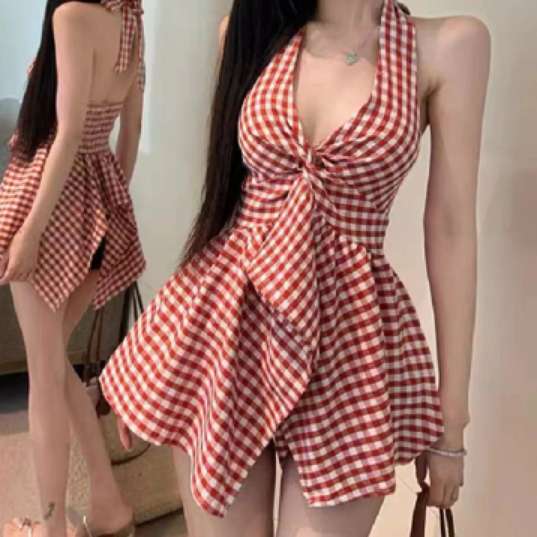 【月姐家】纯欲辣妹不规则挂脖上衣甜辣小清新格子外穿V领修身小衫