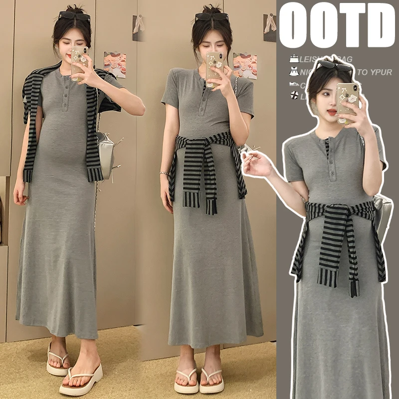 孕妇夏装连衣裙薄款过膝长裙气质减龄撞色修身连衣裙简约两件套夏