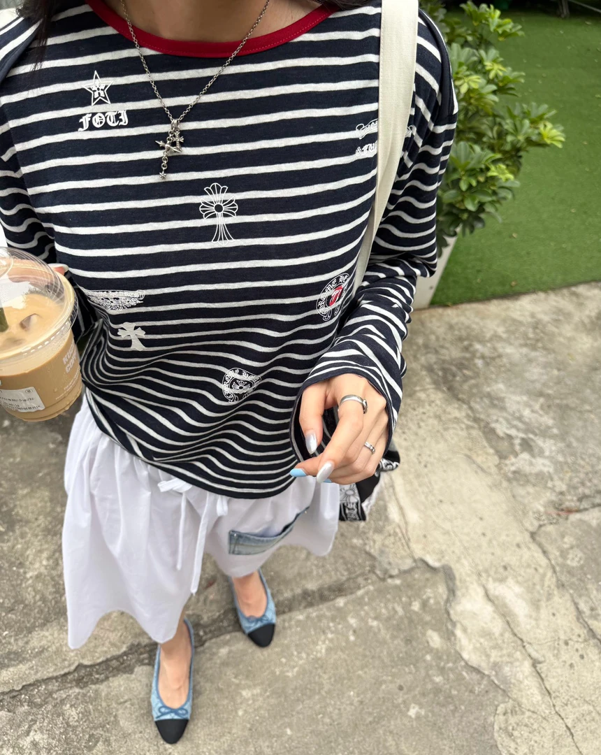 BBCUTE/ 法式条纹 恶搞印花撞色船领长袖T恤