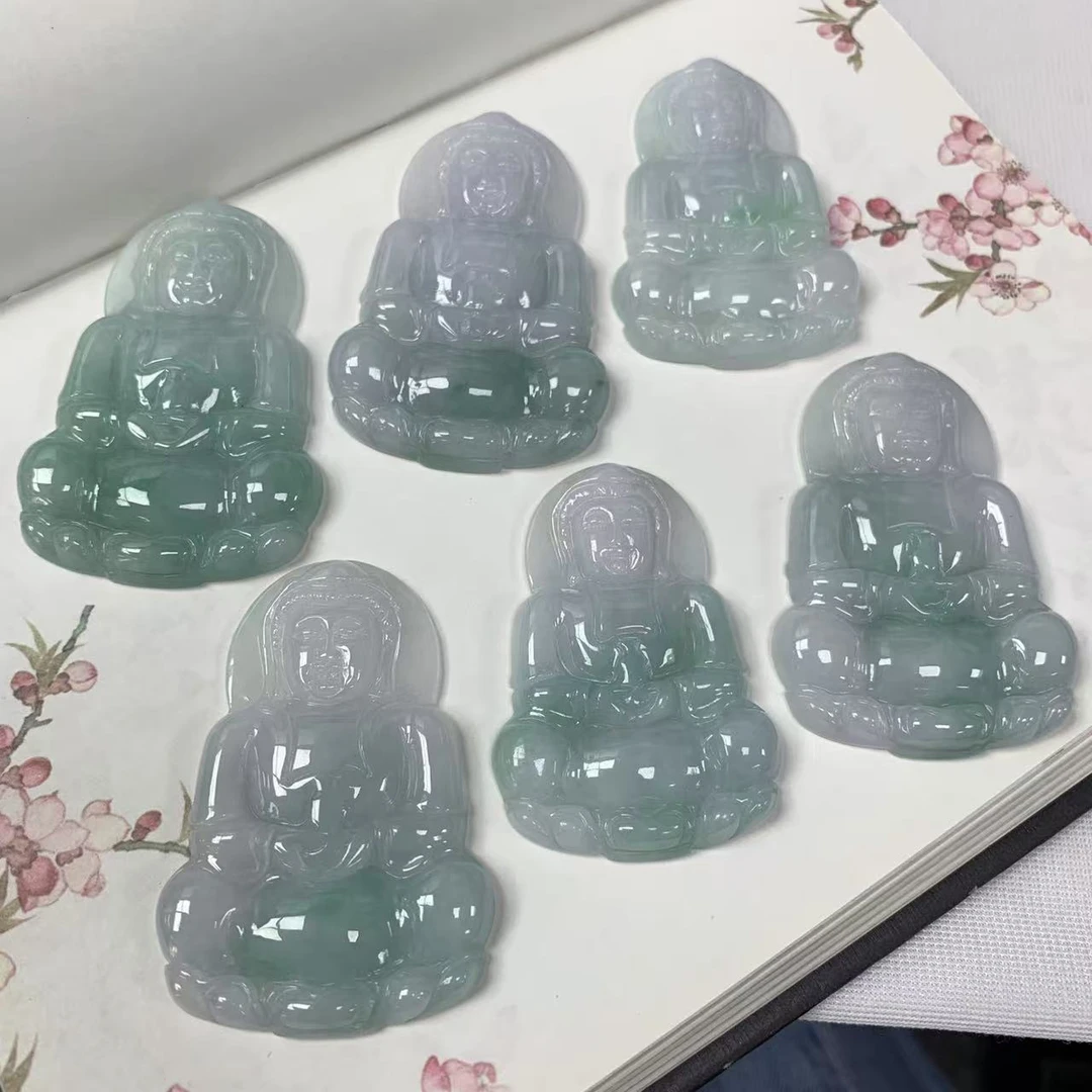 缅甸天然翡翠A货飘色细糯带色素款精雕玉观音吊坠-多样性发其一