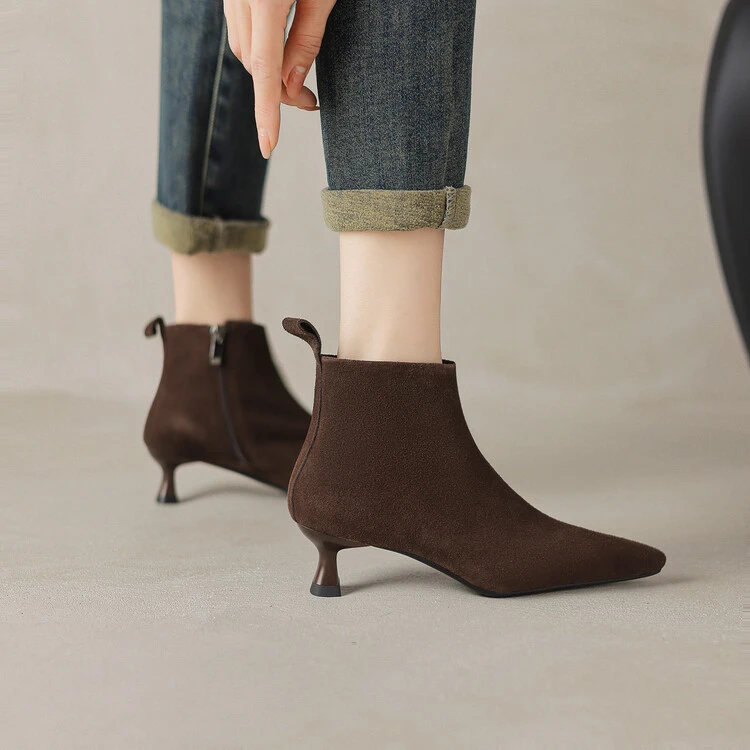 磨砂牛皮~4cm中跟短靴女2025秋冬尖头细跟马丁靴裸靴踝靴真皮大码