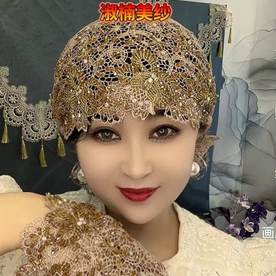 金线流苏水钻包头帽夏季帽子复古舞台新娘蕾丝镶钻透气