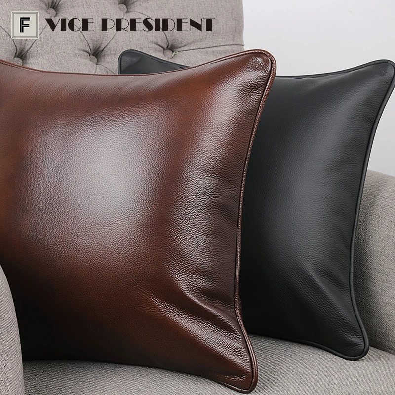 美式现代简约橙棕色真头层牛皮方形抱枕套客厅沙发真皮靠垫汽车腰