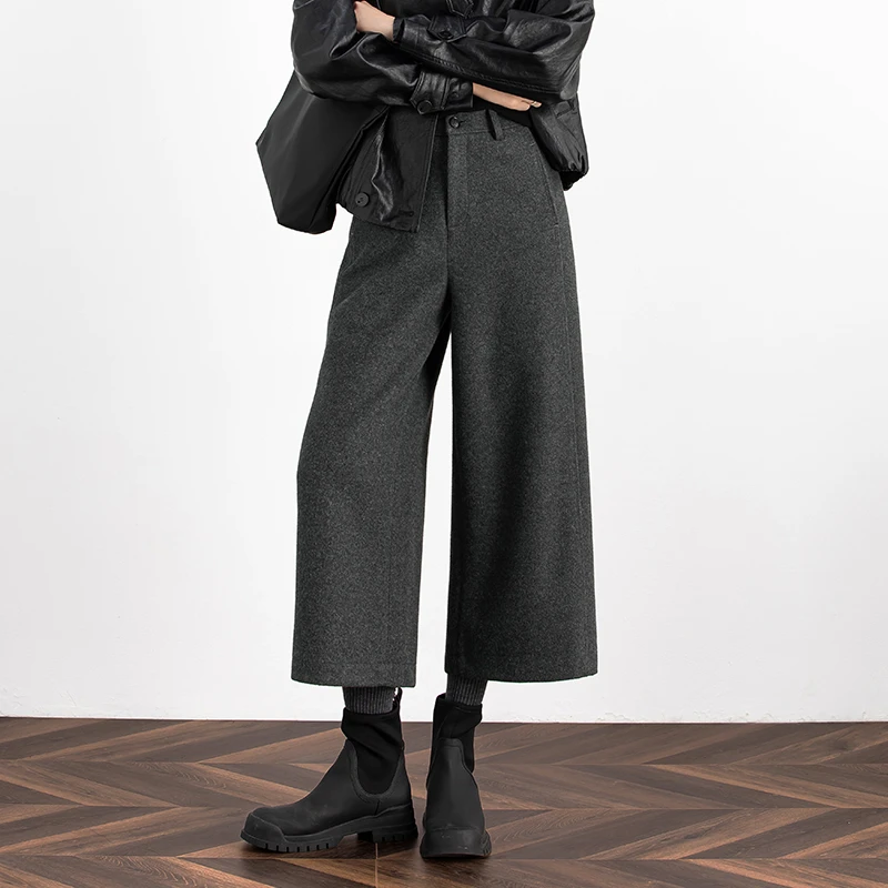 时尚百搭九分毛呢阔腿裤女2025秋冬高腰显瘦厚款复古直筒休闲裤子