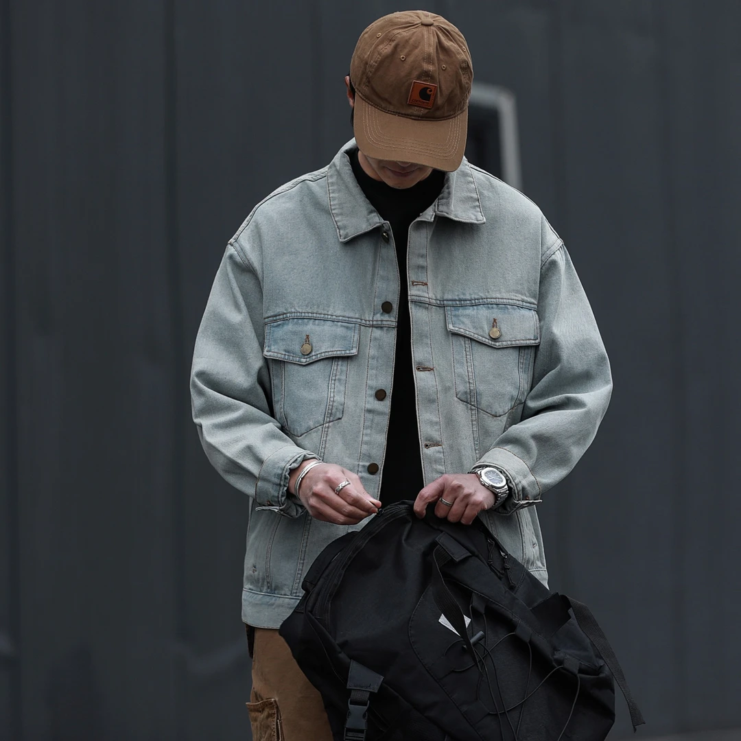 嘿马七作美式复古s春秋款水洗做旧翻领牛仔夹克男女休闲外套情侣
