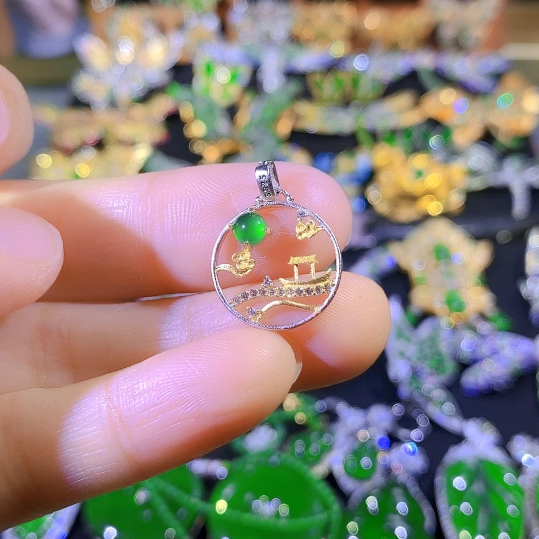 吊坠(不含链)银S925镶嵌翡翠