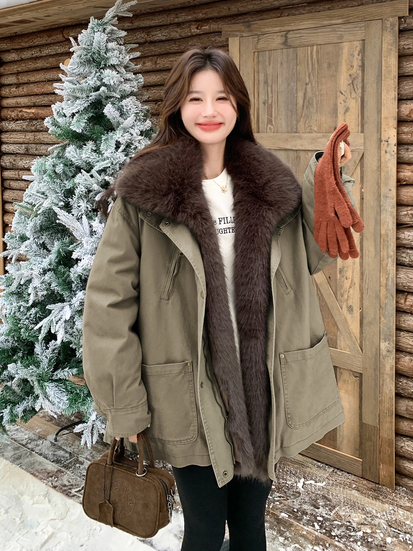 90绒派克服羽绒服2025加绒宽松型保暖冬季毛领派克服时尚短款休闲