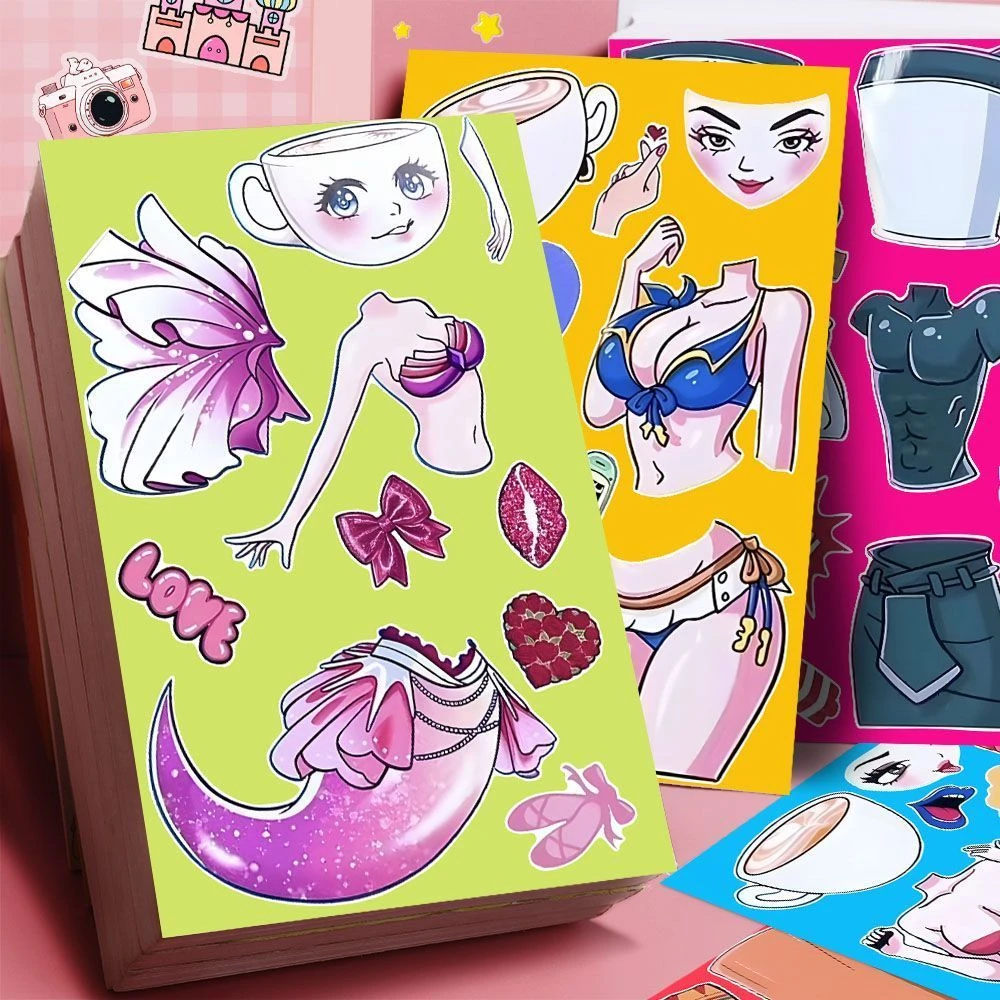 80张山海经沙滩舞会版换装贴纸卡布奇诺小姐趣味贴画儿童益智贴