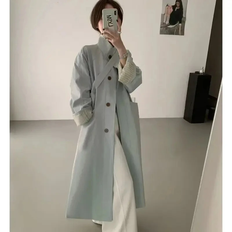 新款风衣2025立领条纹翻袖中长款风衣外套女
