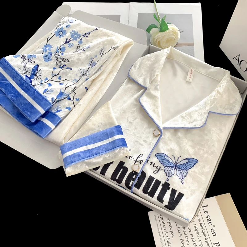 【设计款蓝蝴蝶】Q秋款金丝绒长袖长裤睡衣女时尚家居服套装5077#