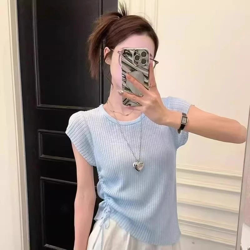 芯娇晴蓝色短袖t恤冰丝薄款针织衫女装夏季休闲侧边抽绳收腰上衣