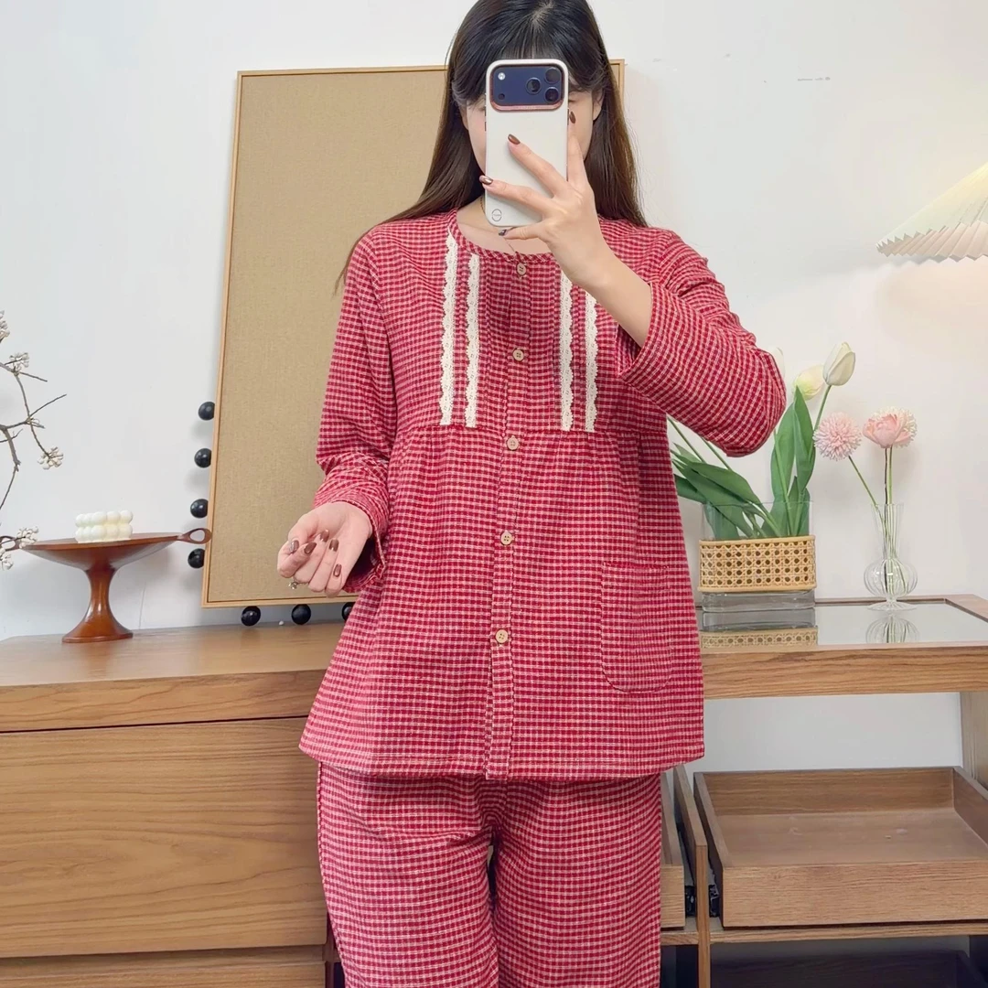 新款睡衣纯棉磨毛高级感格子长袖女款宽松大码春秋家居服套装