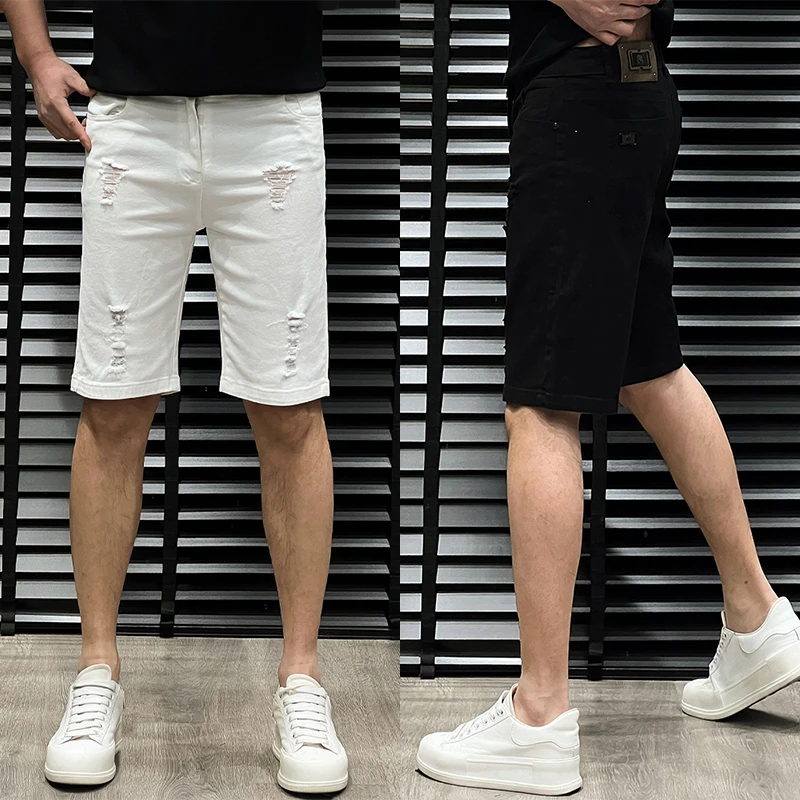 夏季男士潮牌牛仔短裤青年帅气刮烂五分裤时尚简约修身水洗直筒裤