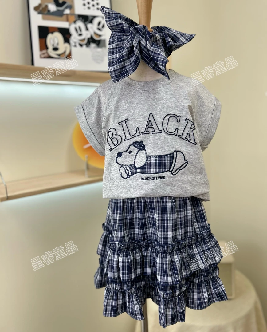 女童夏装卡通短袖2025新款儿童洋气夏季格子蛋糕半身裙子套装