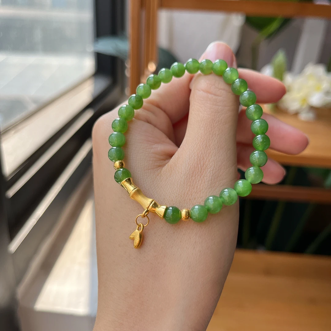 【郭老师】约6mm高品质碧玉圆珠足金竹节圆珠DIY单圈时尚