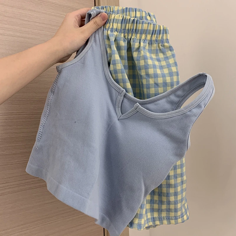 【维多利亚专柜奢品】带胸垫睡衣女夏天ins风格子背心短裤可外穿