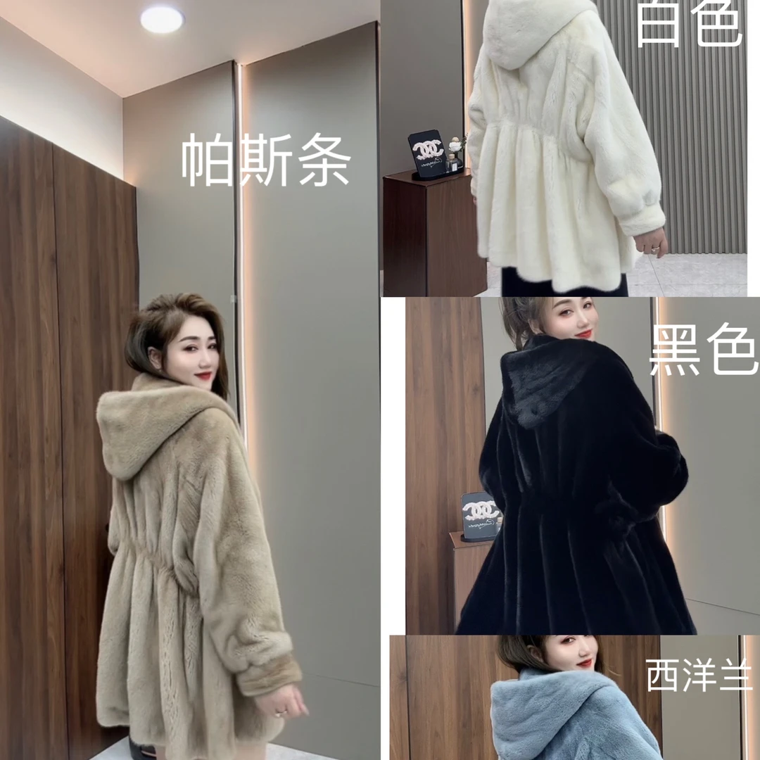 12车百褶松紧腰秋冬时尚新版中长款貂皮大衣