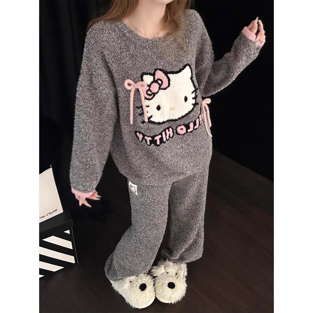 韩版甜美可爱半边绒凯蒂猫睡衣女秋冬新款长袖家居服可外穿两件套