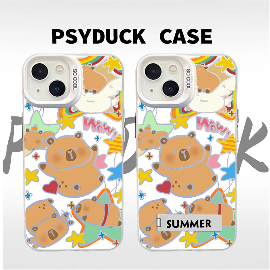 适用苹果华为一加小米星星水豚彩银白底卡通动漫防摔手机壳情侣