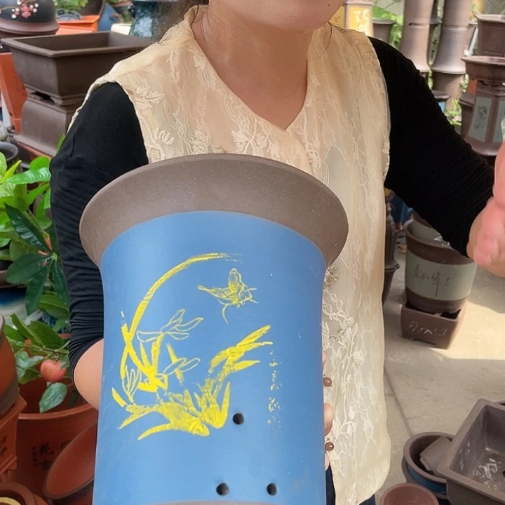 蓝色印金兰花盆18花盆紫砂
