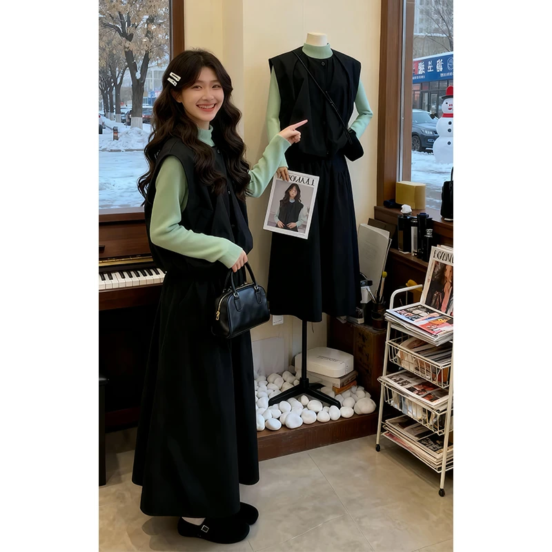 parkyeon老钱风针织内搭打底衫叠穿马甲背心高腰显瘦半身裙套装