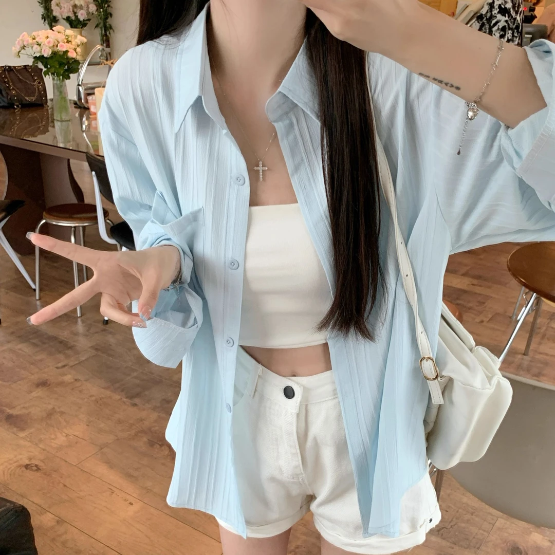 法式肌理感防晒衬衫女春秋设计感幂式穿搭长袖薄款衬衣外套潮4011