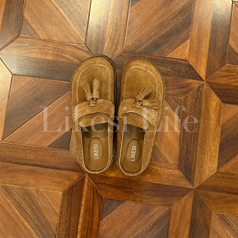 LIKESI&李克斯“流苏”高级感反绒牛皮勃肯拖鞋轻奢时尚懒人鞋X002#