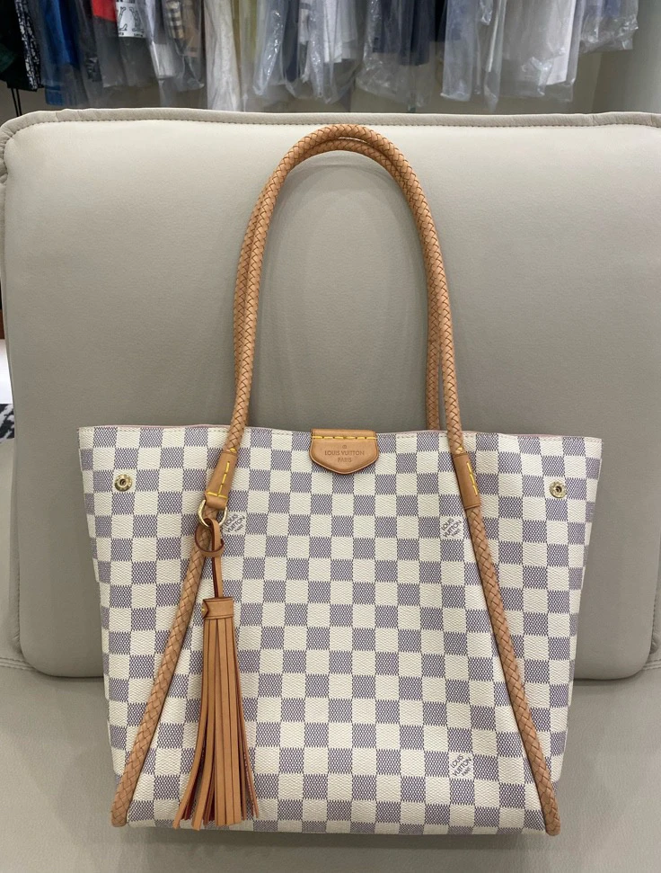 95新 LouisVuitton/路易威登 Propriano 白棋盘格流苏tote购物袋