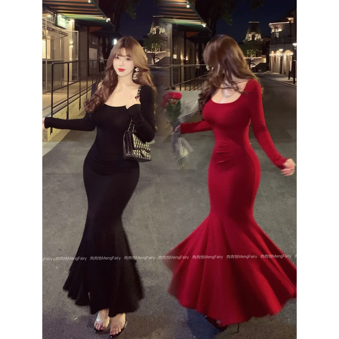 萌面侠肉肉怡【步步生莲】温柔气质包臀鱼尾长款连衣裙6689B