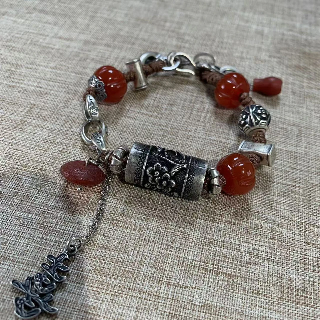 s925银手工复古做旧国风古风民族风老银路路通老玛瑙手链 335