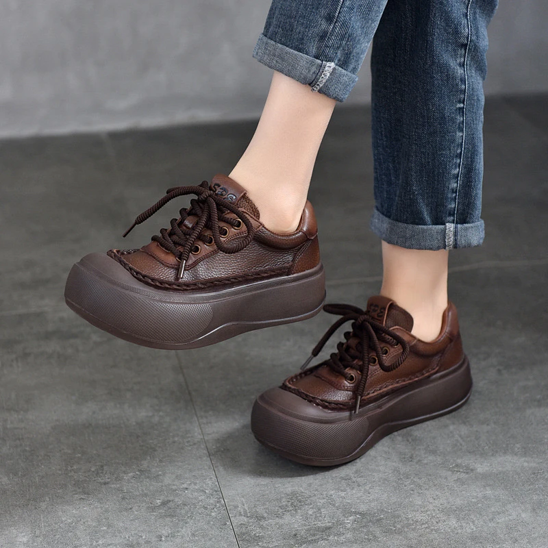 王蜜儿复古休闲头层牛皮包头休闲单鞋2025春季新款厚底发泡轻底