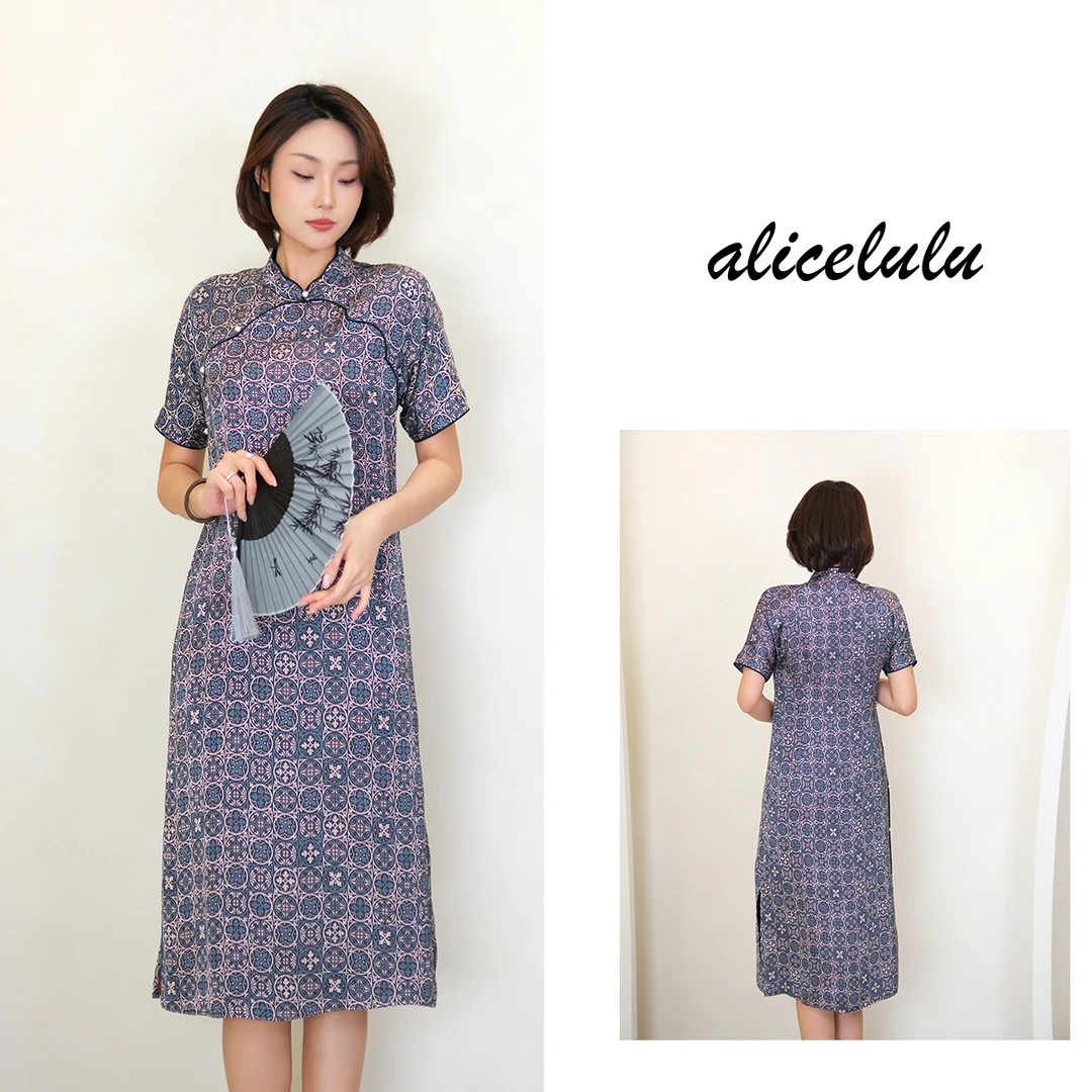 [alicelulu] 夏季斜襟中式显瘦优雅复古印花连衣裙 S2143235A