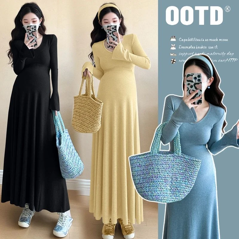 孕妇连衣裙春装新款时尚韩版气质温柔风V领喇叭袖气质显瘦针织裙1