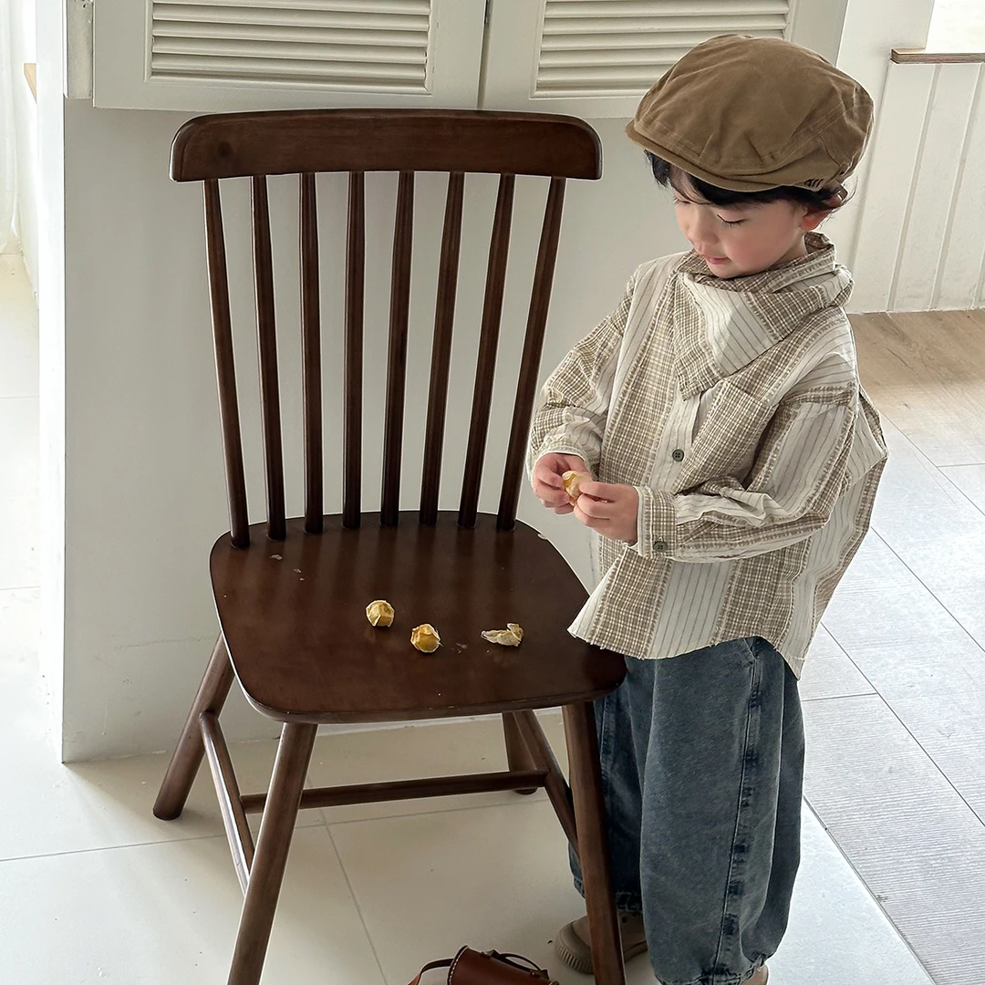 暮晨家春装2025男童女童长袖格子衬衫中小童森系复古风衬衣送围脖