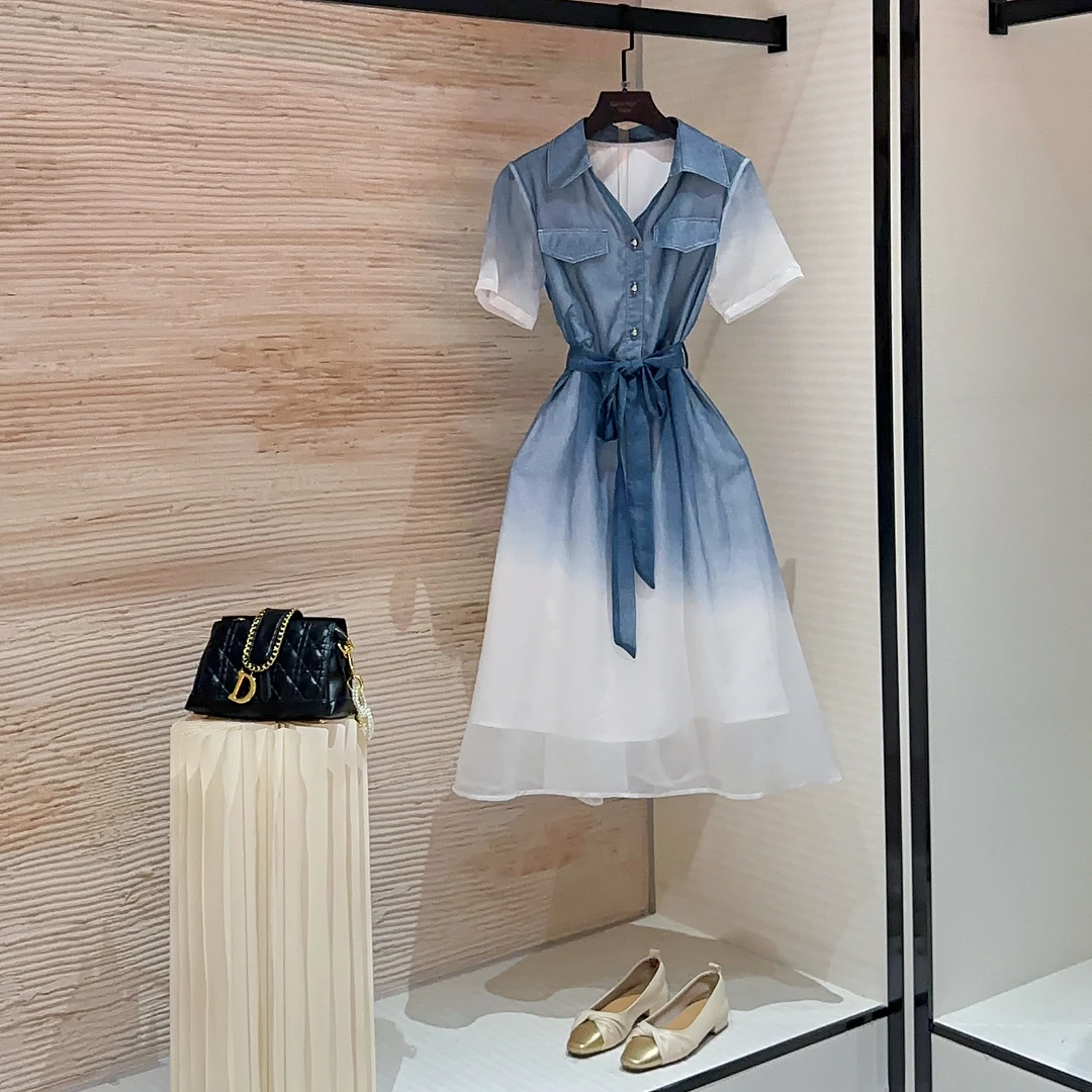 【vian专属】仙女裙设计师款轻奢气质渐变显瘦收腰短袖连衣裙CO-56