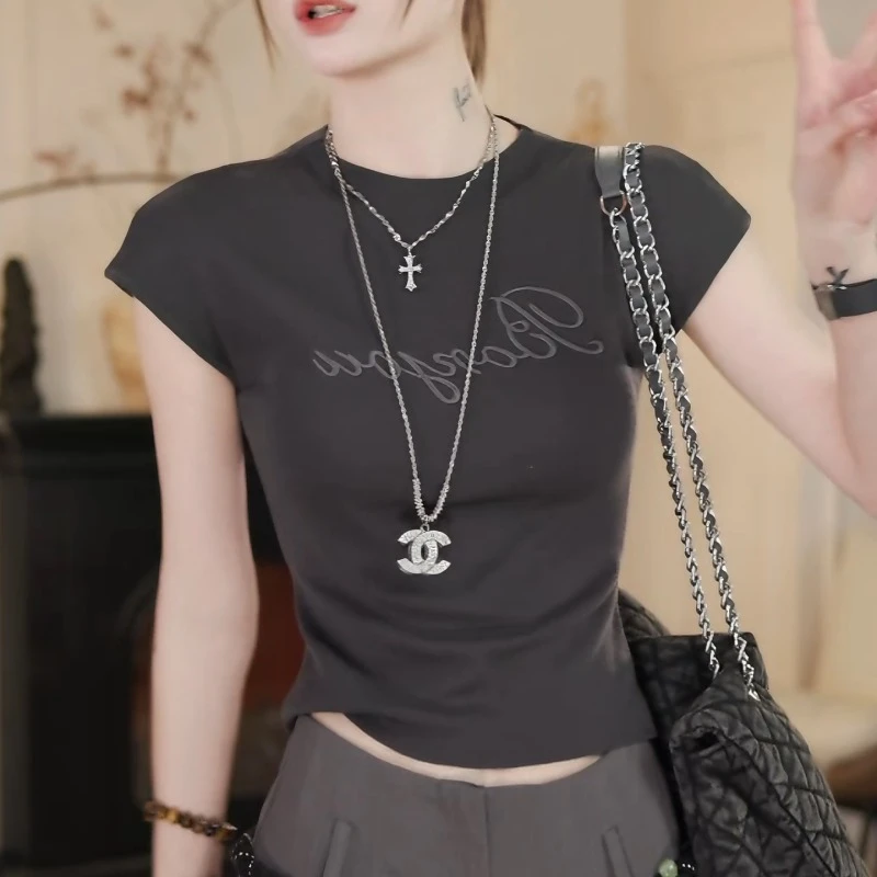 夏季2025新款刺绣针织衫显瘦修身短款时尚上衣百搭t恤LK2503191