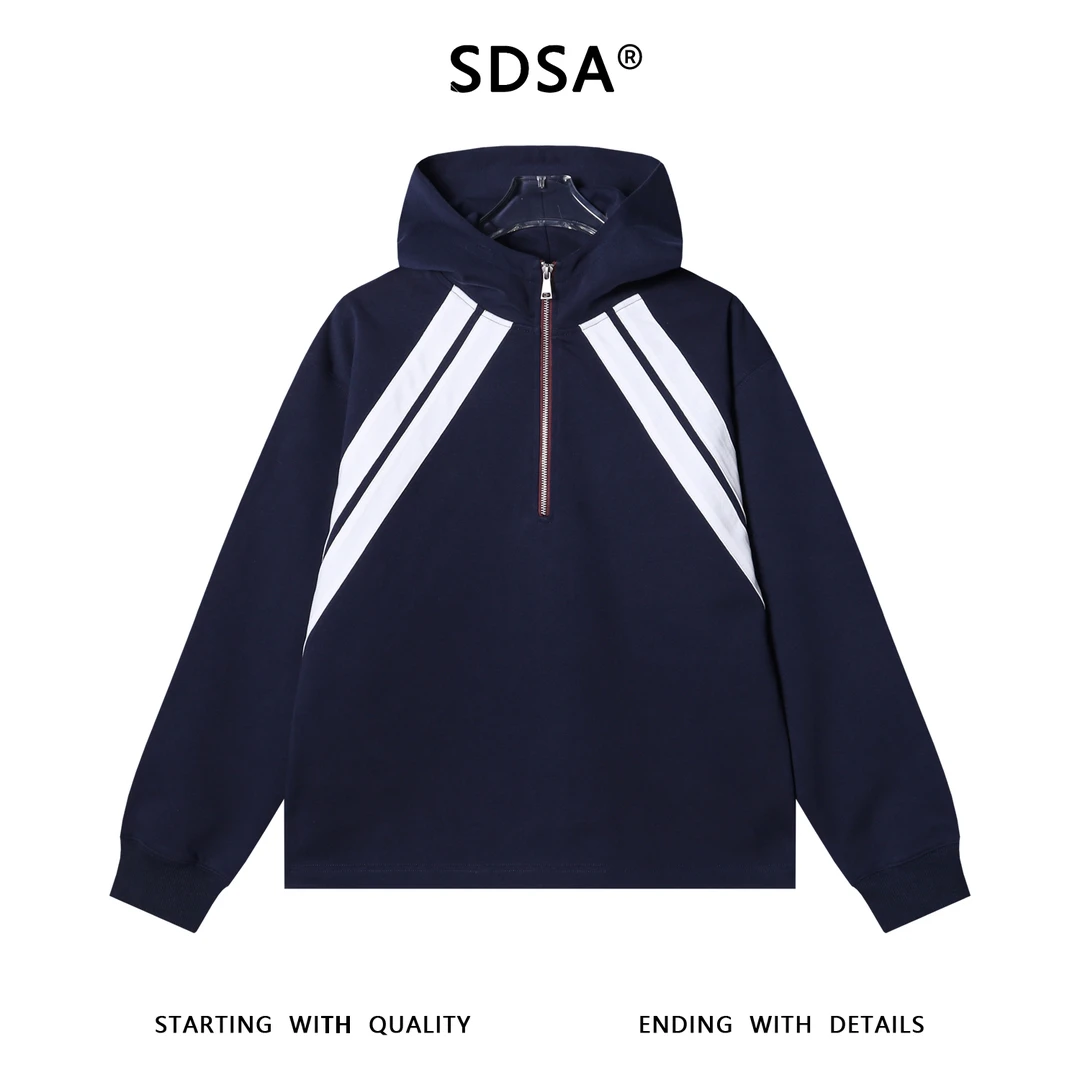 SDSA秋冬新款痞帅男装韩版撞色织带半拉链立领连帽卫衣百搭上衣