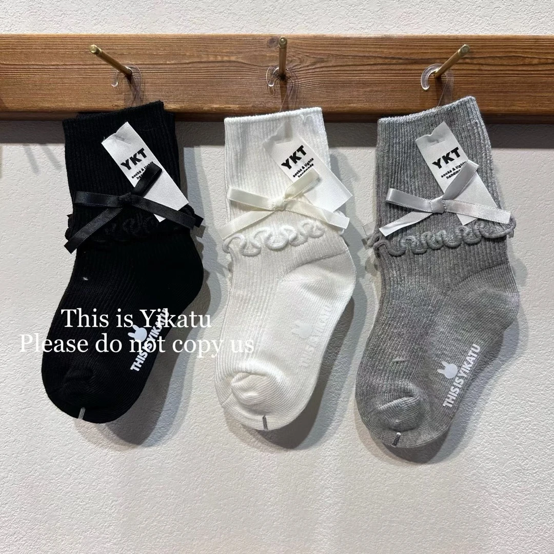 （全店任选三双包邮）伊卡兔秋冬新款木耳边蝴蝶结儿童袜子