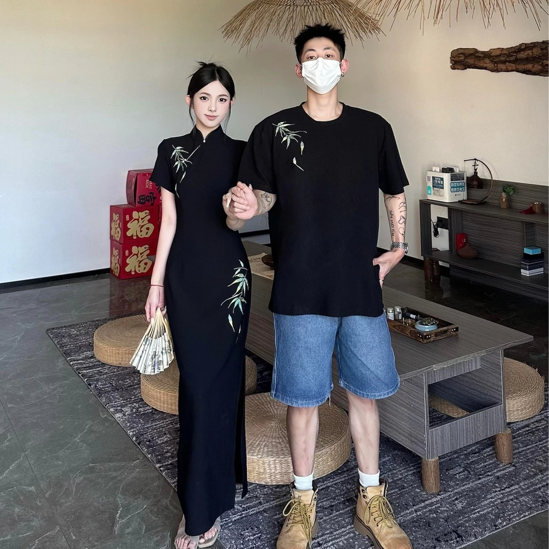 新中式情侣装夏装国风改良版旗袍套装短袖连衣裙高级感一裙一衣潮