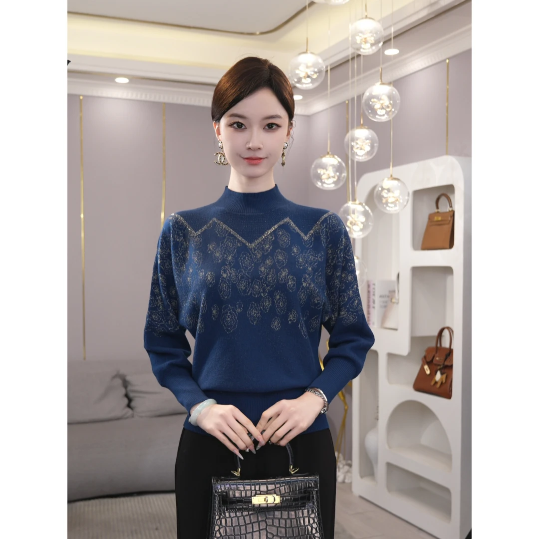 2025秋冬季新款【LT-1247JR】醋酸天丝羊毛蓝色老钱风针织衫毛衣女