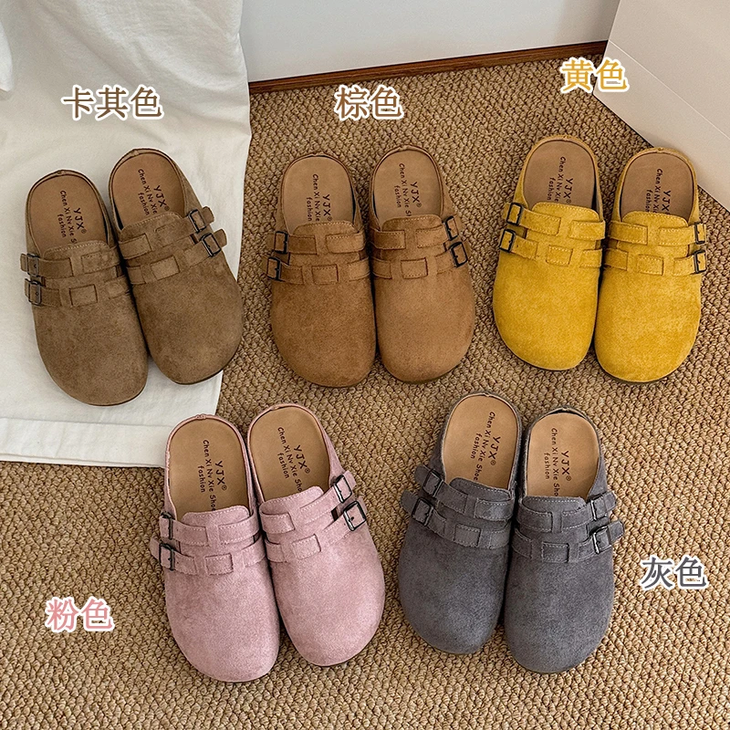 2025年春季新款时尚简约风扣子厚底洋气爆款增高软底圆头半包拖鞋