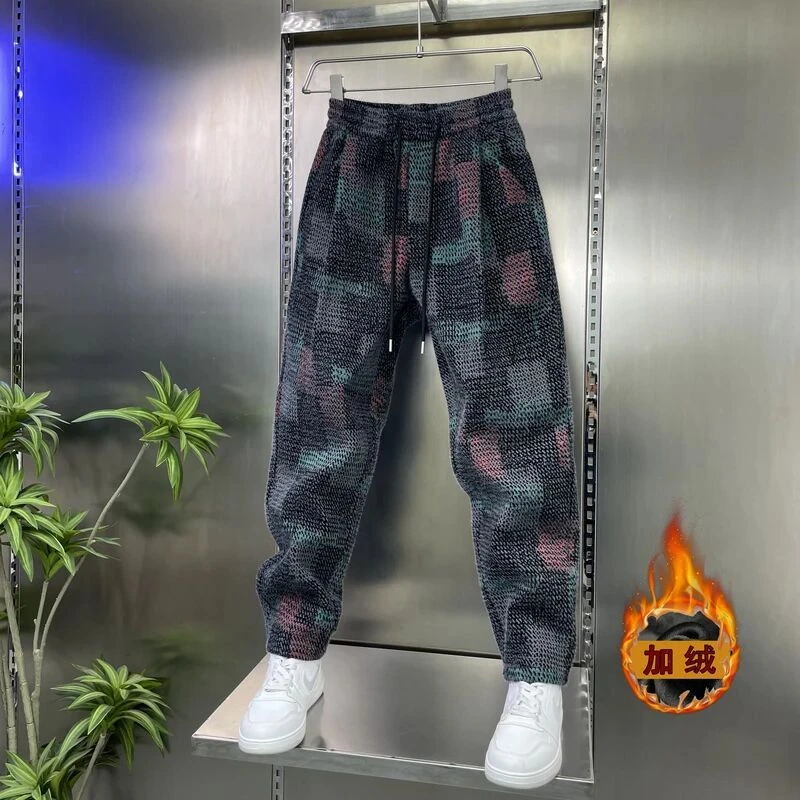 针织加绒加厚提花重磅定制面料免熨抗皱保暖防寒时尚潮流休闲男裤