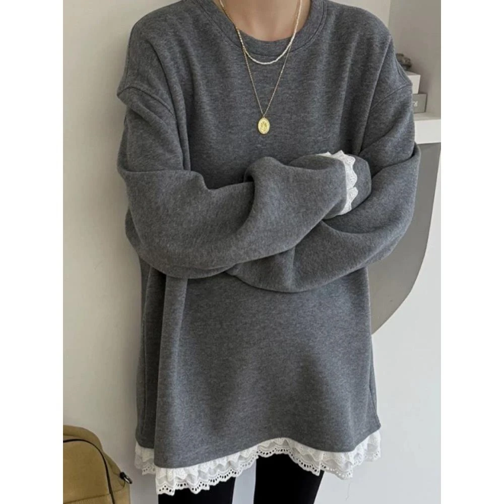 下摆拼接蕾丝加绒卫衣女秋冬新款宽松休闲韩系中长款纯色圆领上衣
