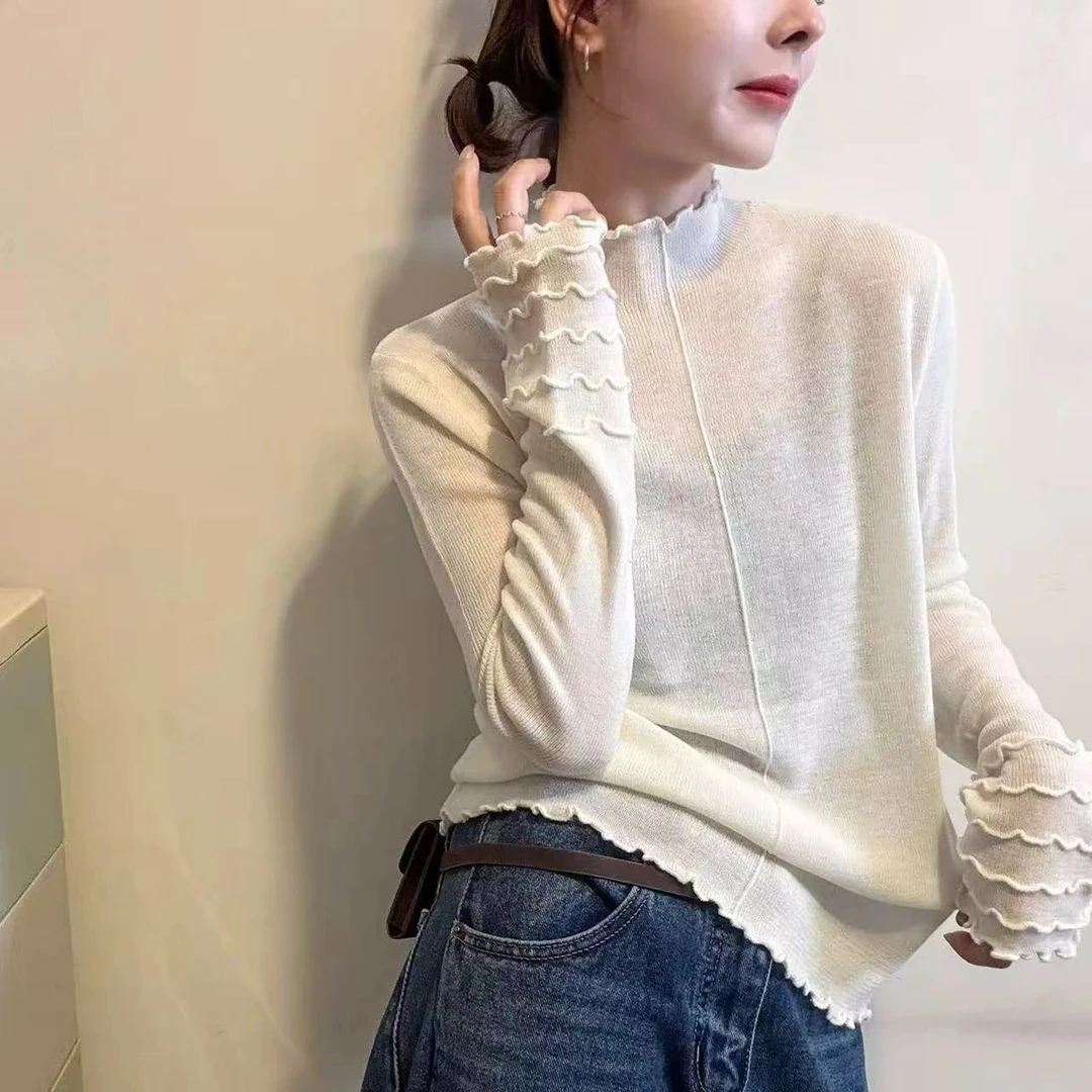 清冷系禅意仙气飘飘干练总裁女装冬内搭白色花边半高领针织衫上衣