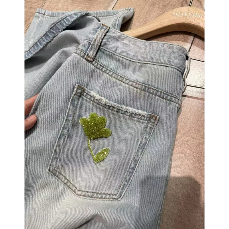 M1409 大直筒！裤长93 钉珠黄色花蓝色牛仔裤 款号VE337